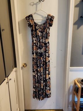 Floral Smocked Jumpsuit in Navy and Mustard